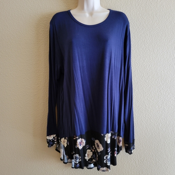 Long sleeve hi-lo mixed media tunic top w contrasting bands - Picture 1 of 6